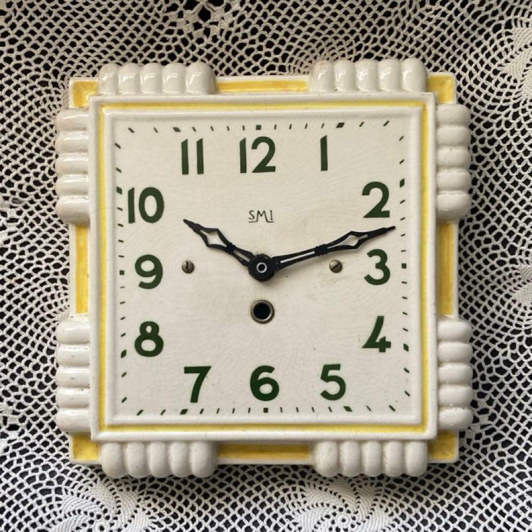フランス アンティーク SMI社製 レトロ 壁掛け時計 ホワイト・イエロー