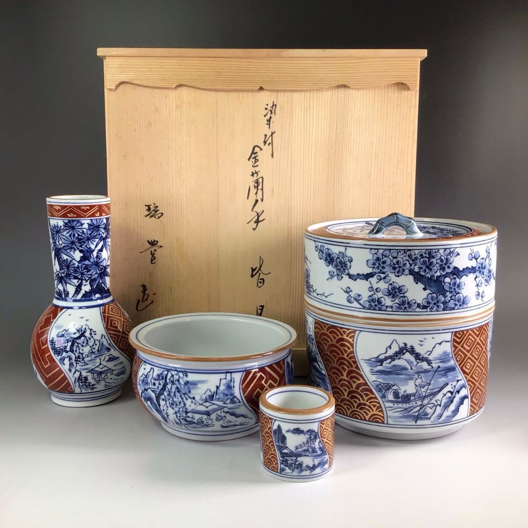 Ｒ２６２　皆具　『西尾瑞豊造』『染付金欄手皆具』　共箱　茶道具