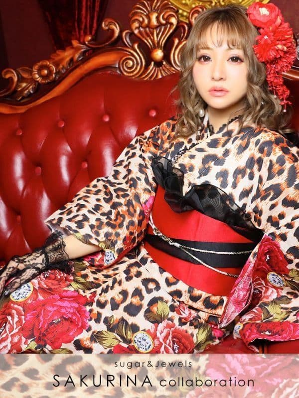 美品★Sugar 浴衣 帯 セット 華やか レオパード 豹柄 花柄 個性的