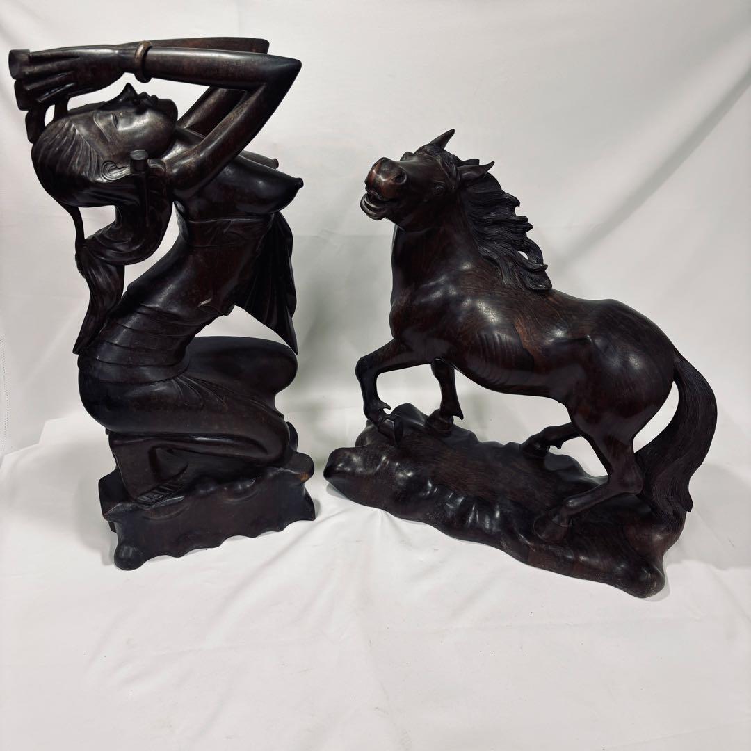午年　木彫り 彫刻 置物 馬 女性像 セット 約60cm アンティーク オブジェ