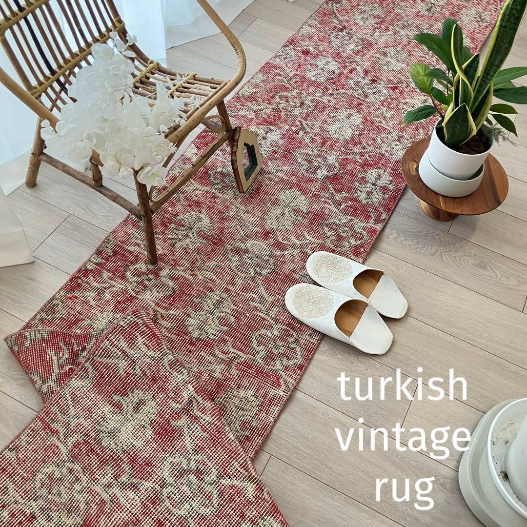 超ロング　シャビーレッド56×290✳︎紋章柄　ランナー　トルコヴィンテージラグ