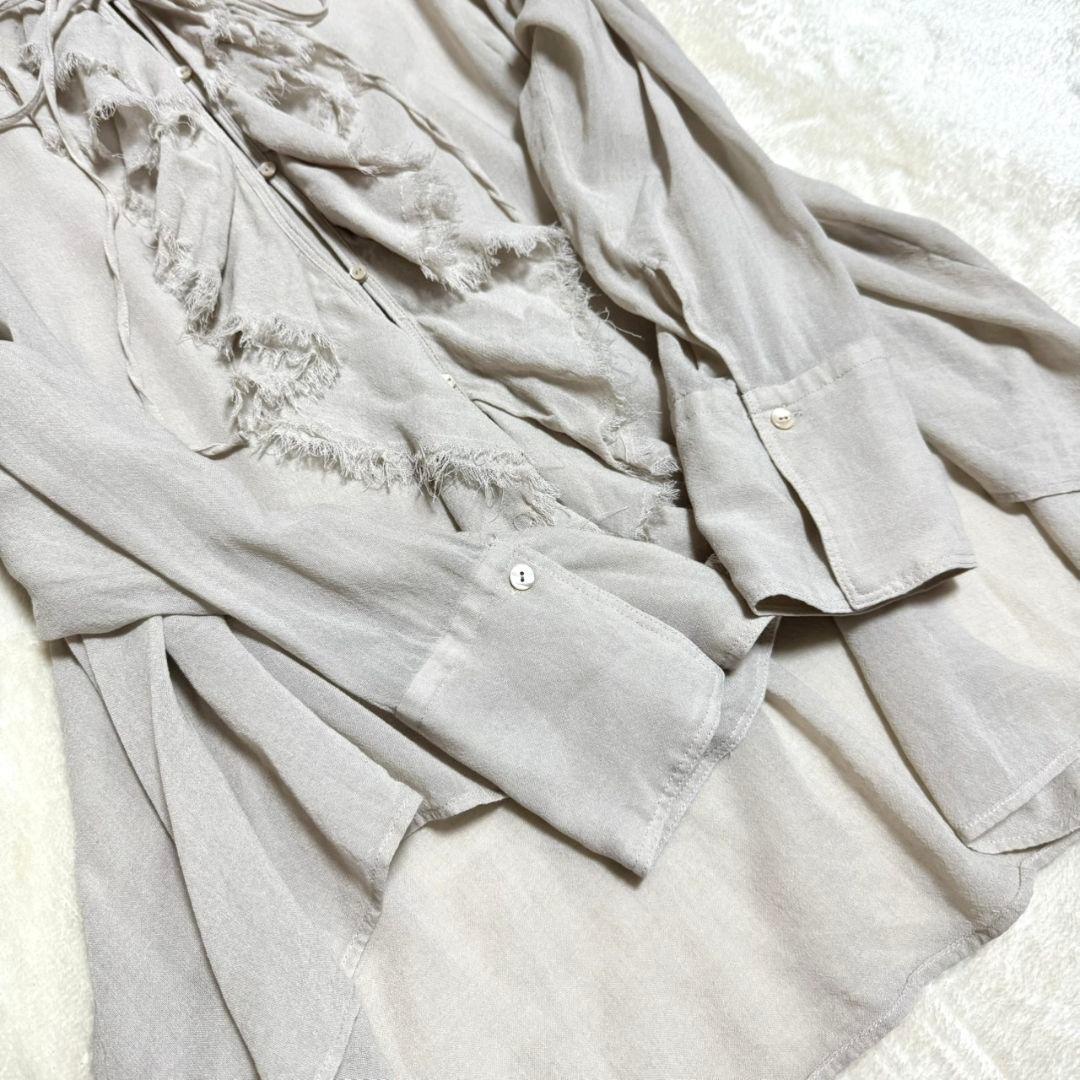 美品 カレンソロジー ウールミックスボイルフリルブラウス オフホワイト