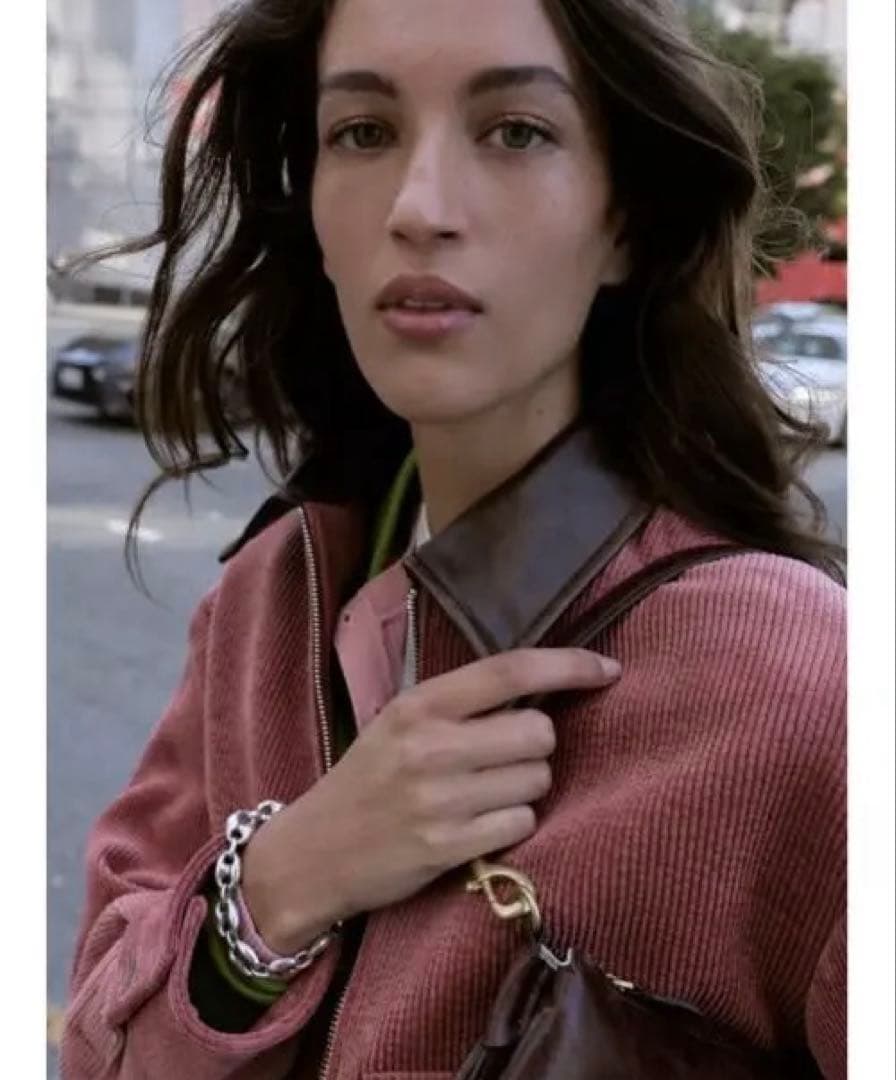 タグ付き新品★ZARAのコーデュロイフェイクレザー襟ジャケット★M★マルサラ色