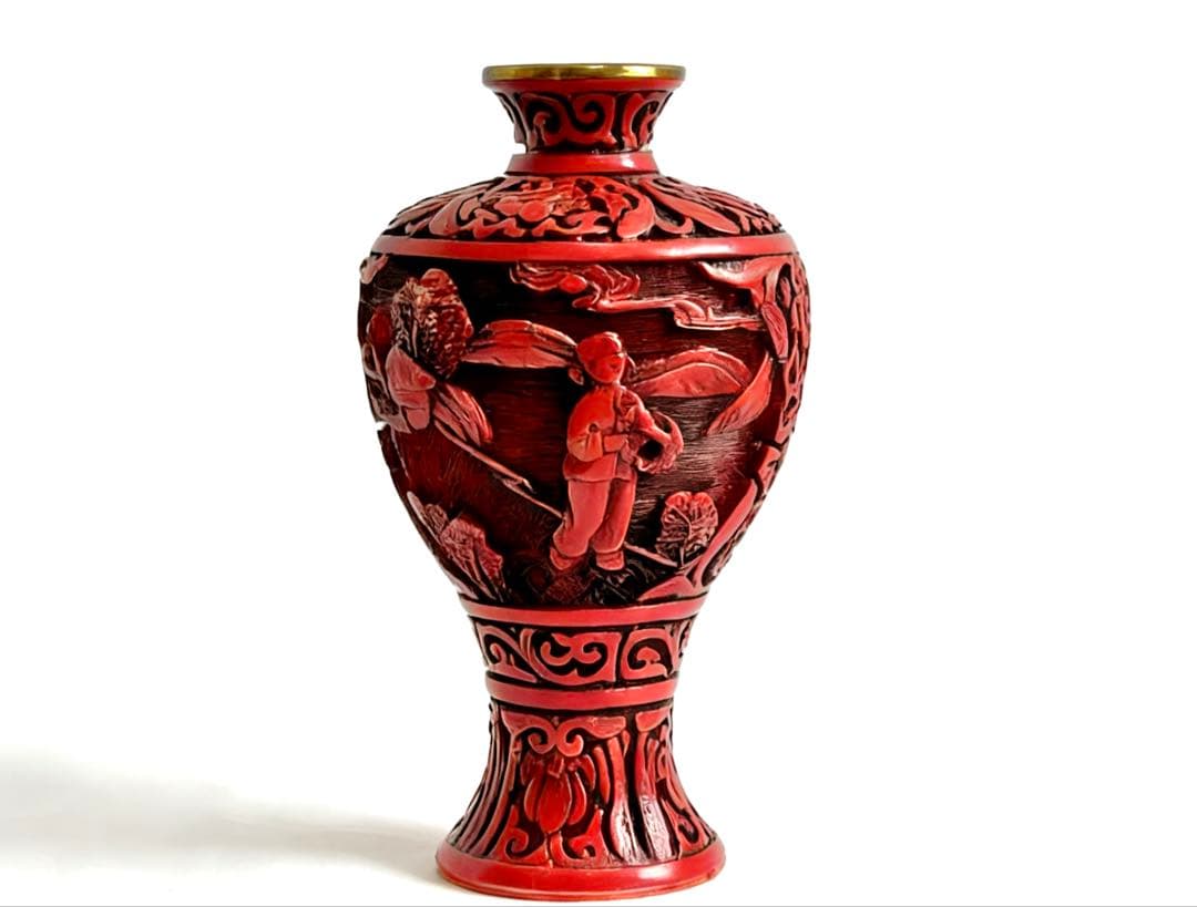 堆朱　中国美術　花瓶　文化大革命　骨董品　民俗　労働者　銅　時代物　民家蔵出し