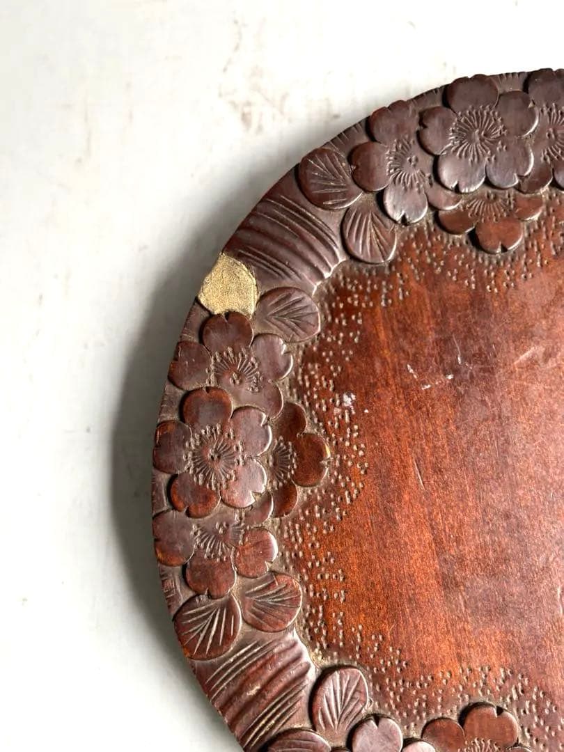 754 ヴィンテージ 軽井沢彫 桜彫 丸盆 大阪屋家具店 金継ぎ 民芸 工芸