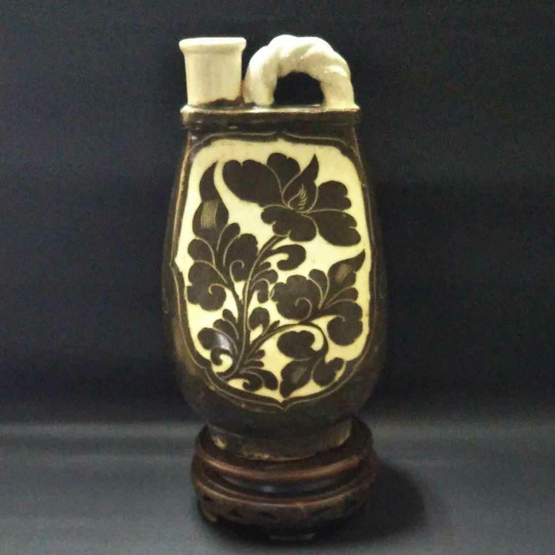 ※中国古美術/磁州窯黒釉蓮花紋披玳壺/