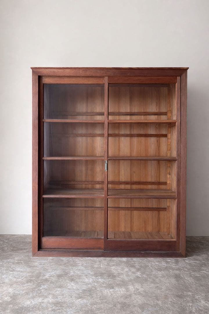 古い水屋　食器棚　ガラス棚　本棚　ガラスケース ショーケース　什器　天然木 2