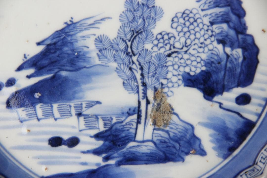 古伊万里 染付 山水 五枚 菓子皿 風景絵 江戸明治期 補修済み Eo21-7