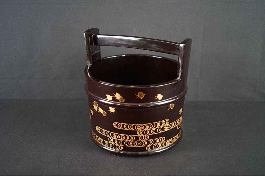 波 千鳥蒔絵 手桶水指 時代物 箱付 茶道具