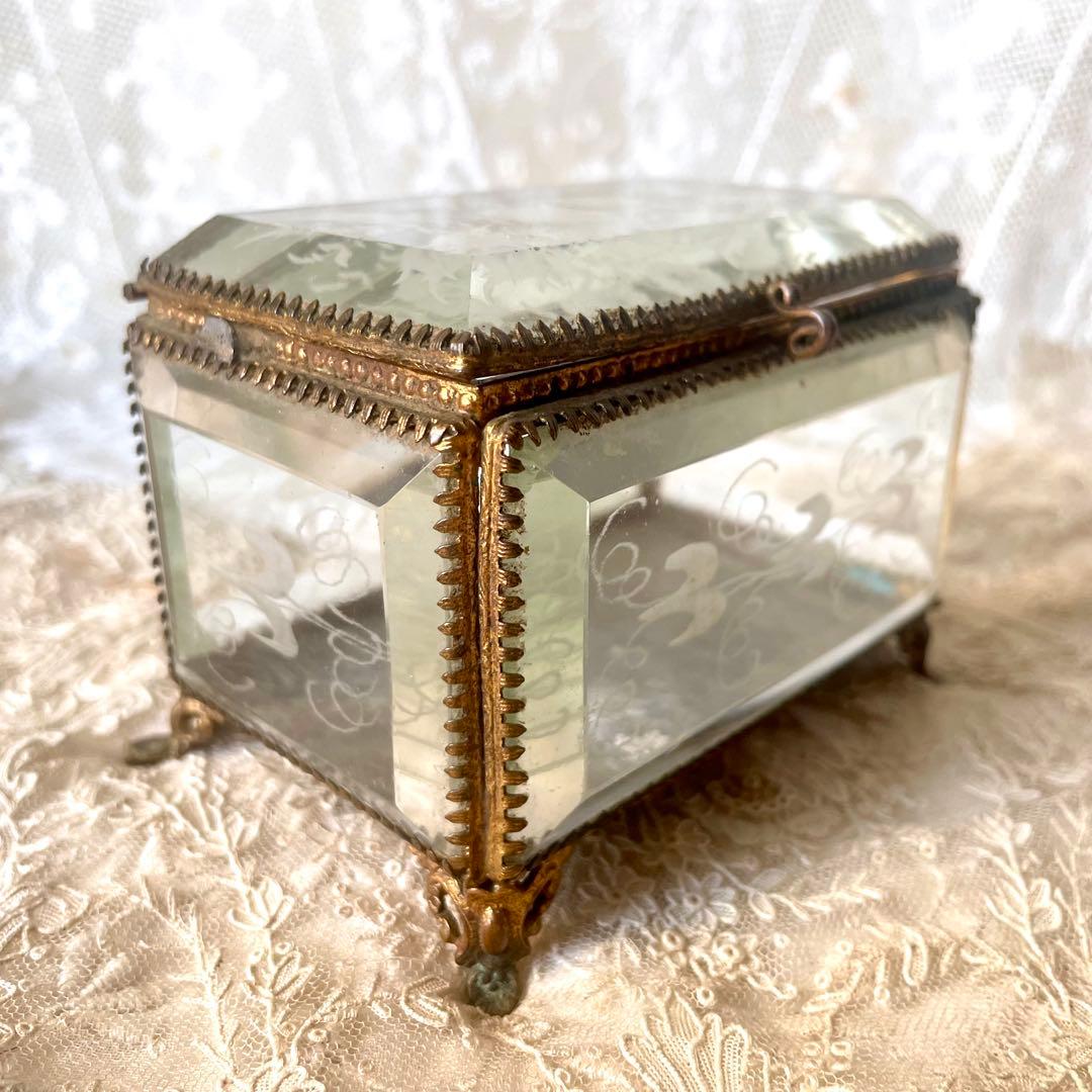 ローズ柄ベベルガラスジュエリーボックス　アクセサリーケース　フランスアンティーク