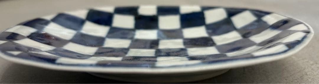 美品 未使用 村田森さん 染付市松角丸皿