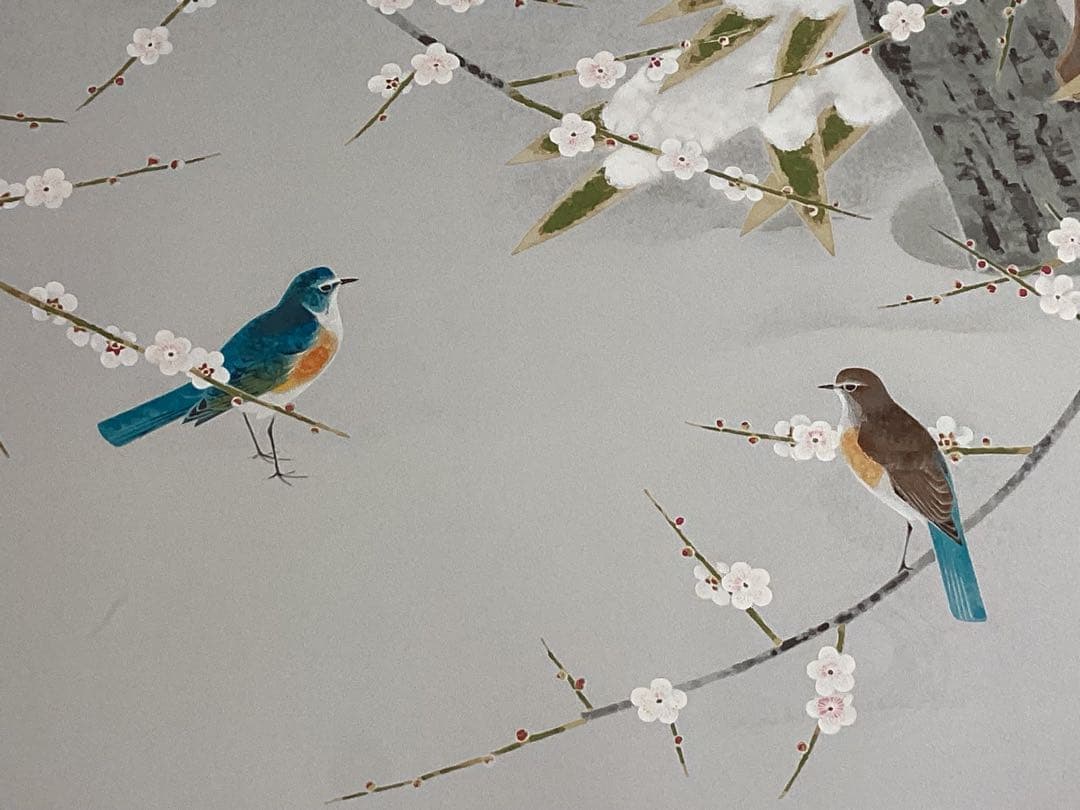 上村淳之　版画　「雪中小禽」直筆サイン・エディション　美品　日本画 金色フレーム