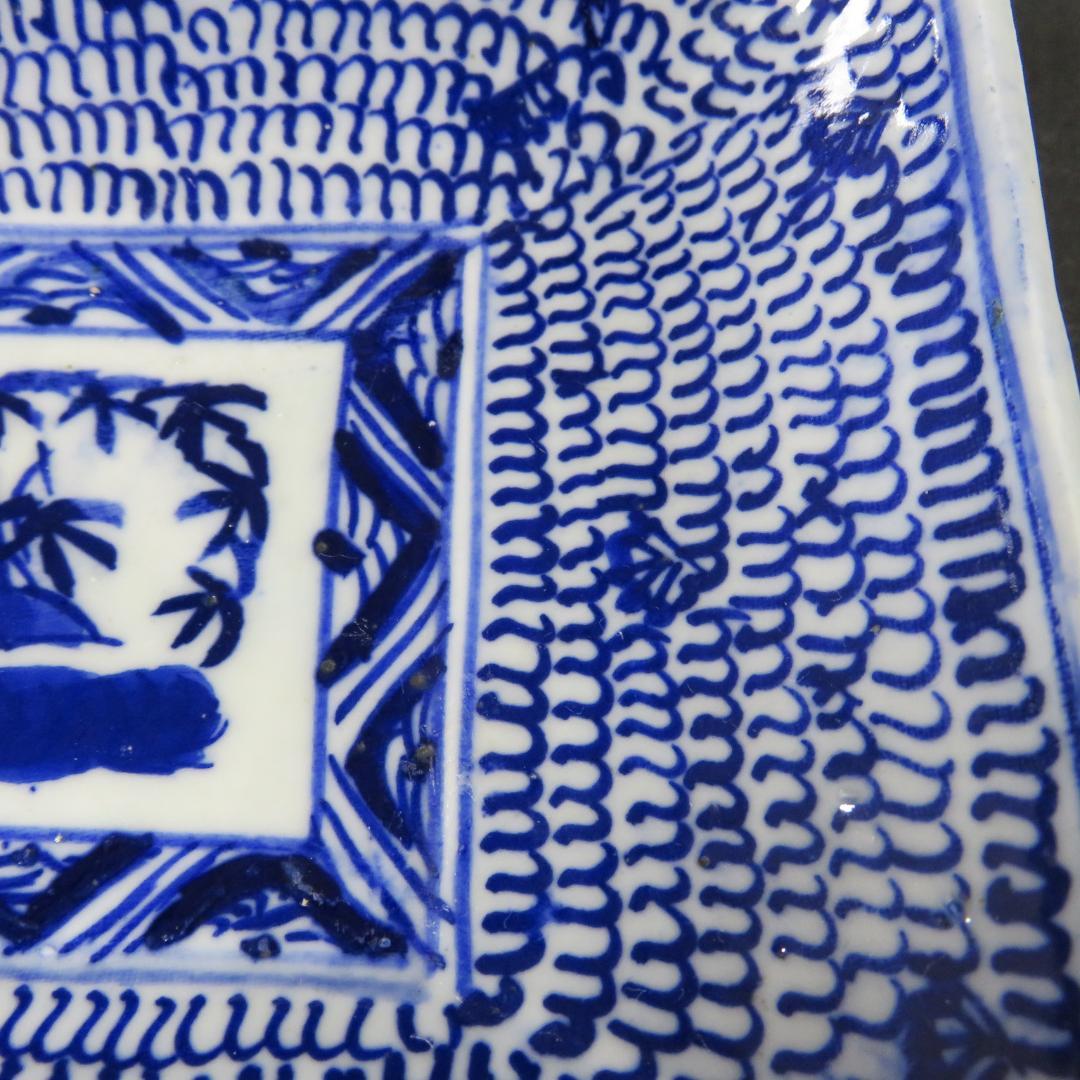 角皿 5枚 染付 古伊万里 明治 江戸 微塵唐草 松竹梅 歪み