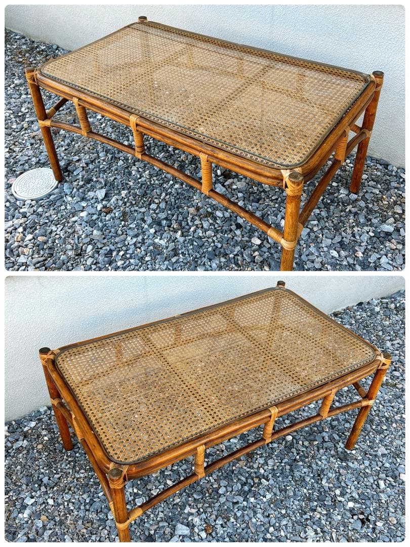 【引取限定】 マルニ ラタン 4点セット ガラステーブル 椅子 ２人掛けソファ