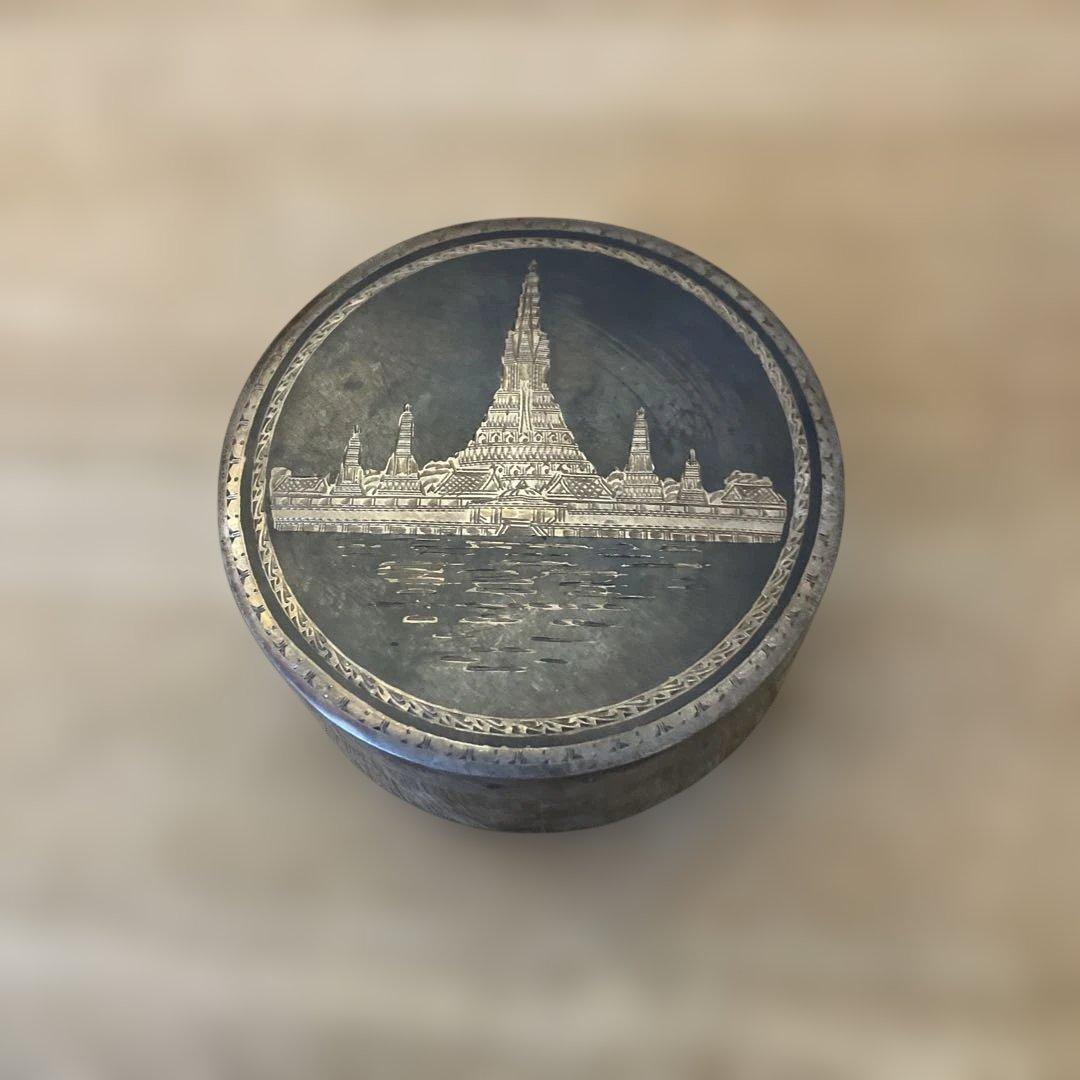 廣田慶祝使節訪泰記念品 金属製蓋付きボックス バンコクのワット・アルン暁の寺