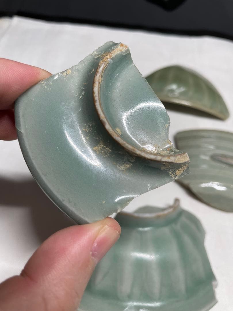 青磁。龍泉青磁。標本。骨董品。殘片4本。陶片（古美術）。宋時代