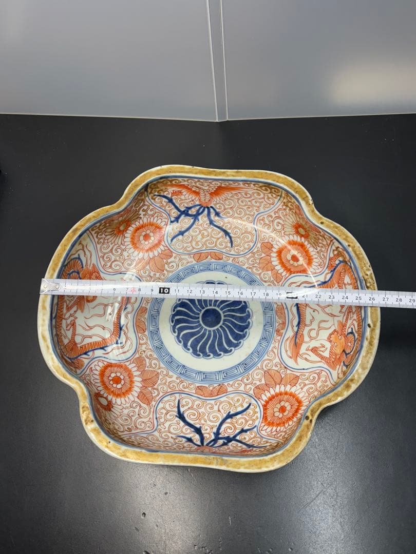 古伊万里 色絵 花唐草 龍 木瓜形 大皿 江戸期 希少品 陶器金彩 太明成化年製