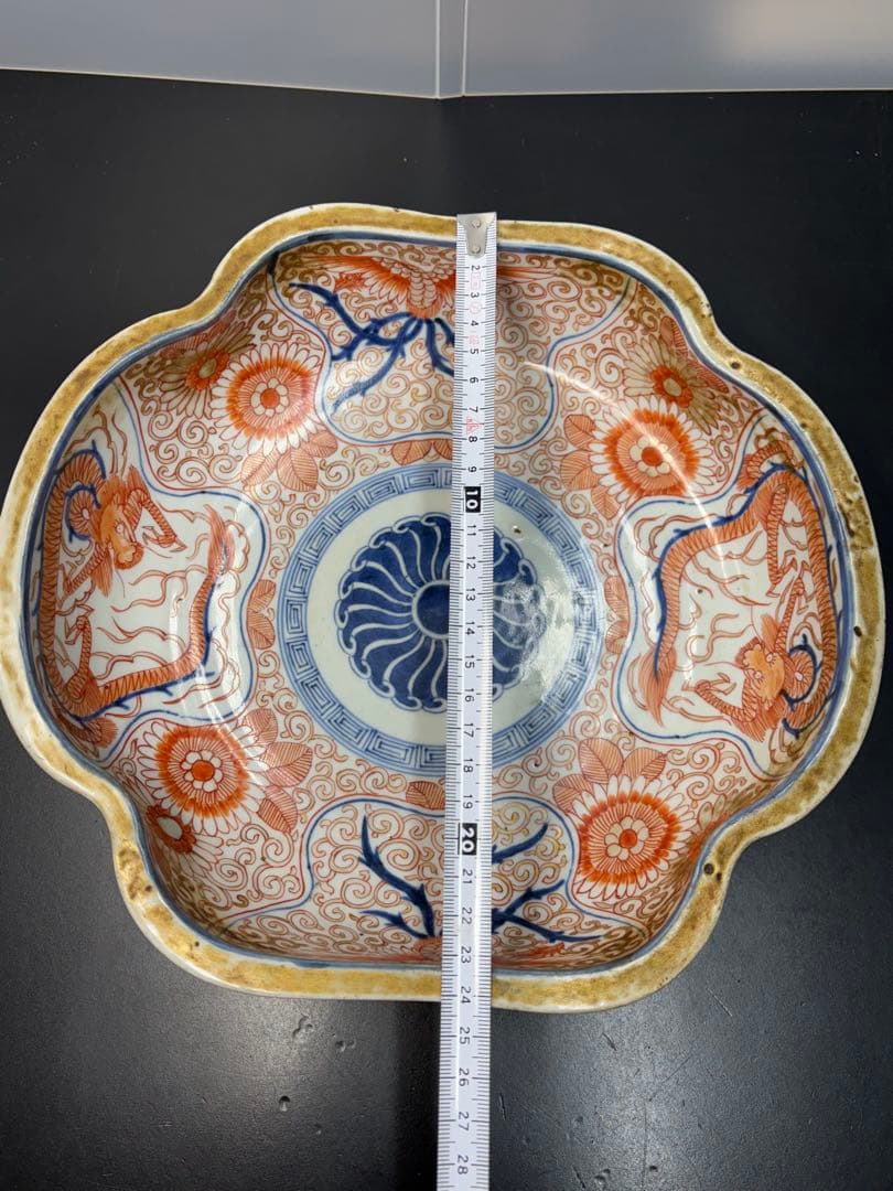古伊万里 色絵 花唐草 龍 木瓜形 大皿 江戸期 希少品 陶器金彩 太明成化年製