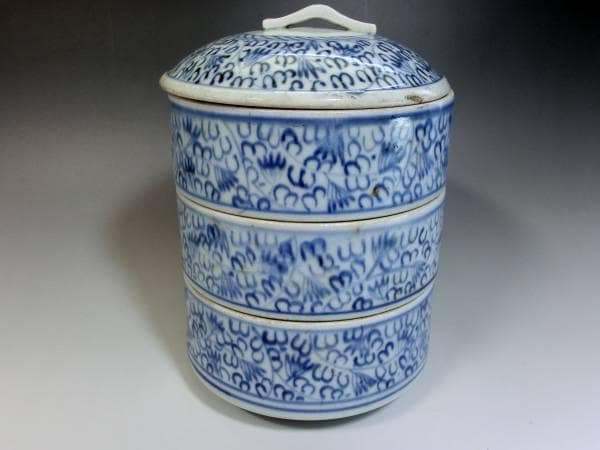 鉢■微塵唐草重鉢 蓋物 三段重鉢 古伊万里染付 菓子器 時代物 江戸期 骨董品■