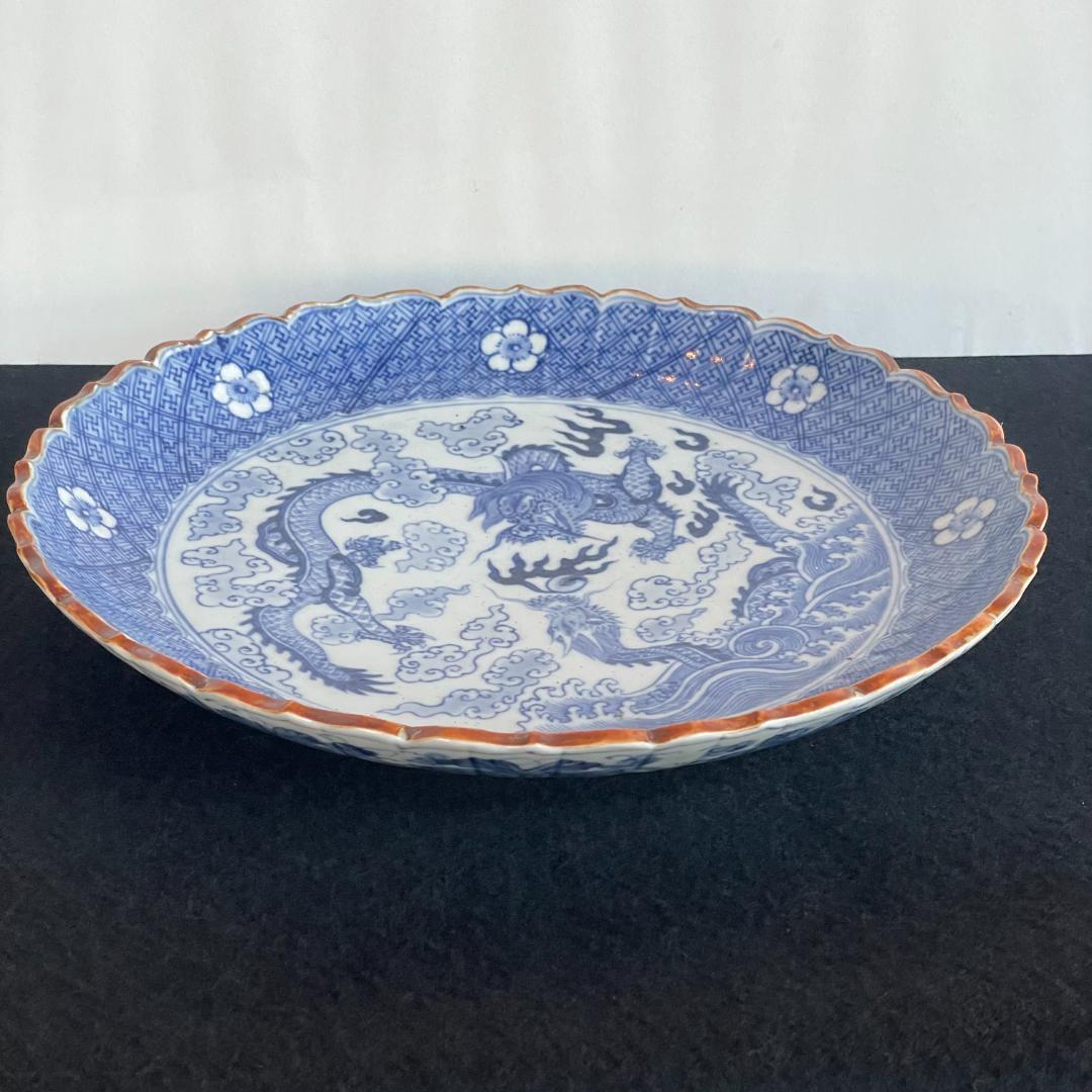 大明成化年製 古伊万里 大皿 染付 印判 双龍雲海 青花雲龍圖稜花盤 骨董 美品
