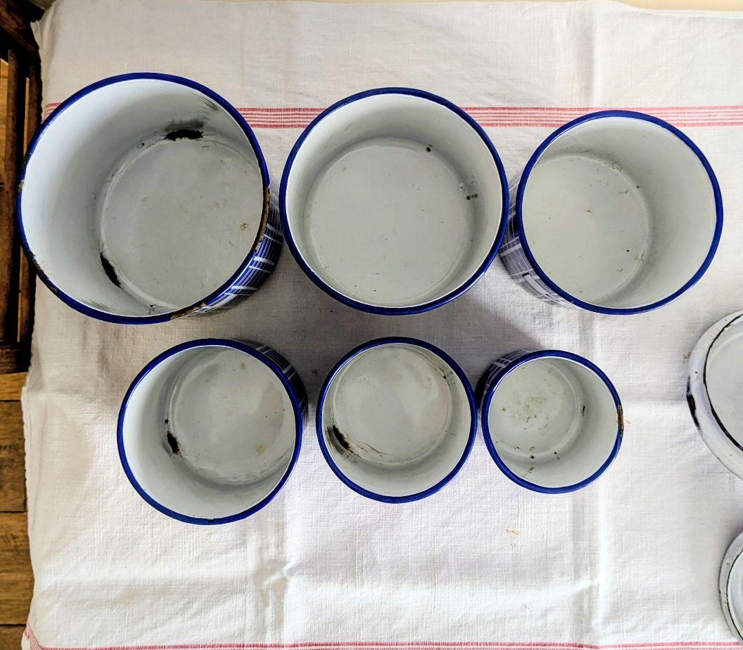 フランス BB社 ホーロー キャニスター フルセット青と白のチェック柄