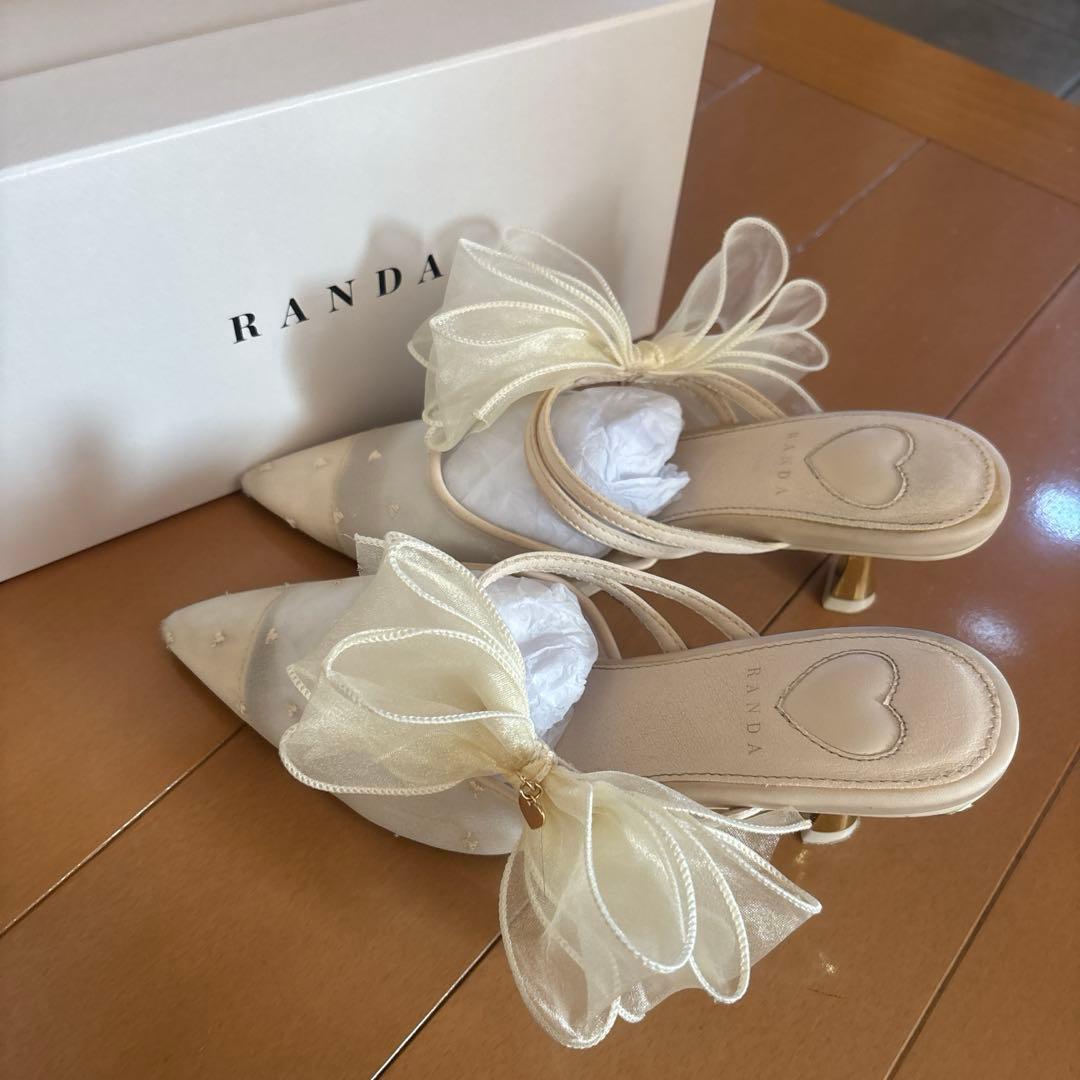 RANDA シフォンリボンハートミュールパンプス ブラック 白 Mサイズ