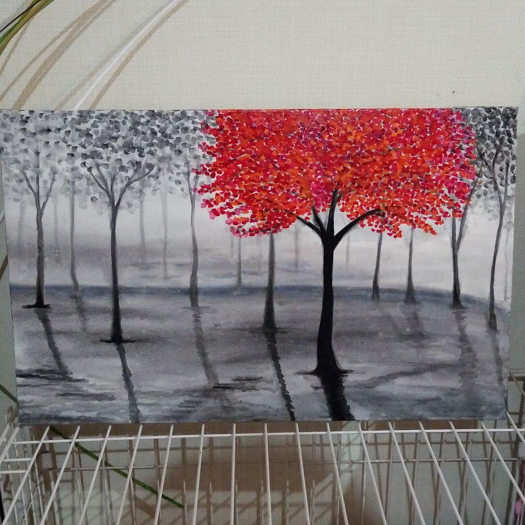 油絵　モノクロームからの赤い木