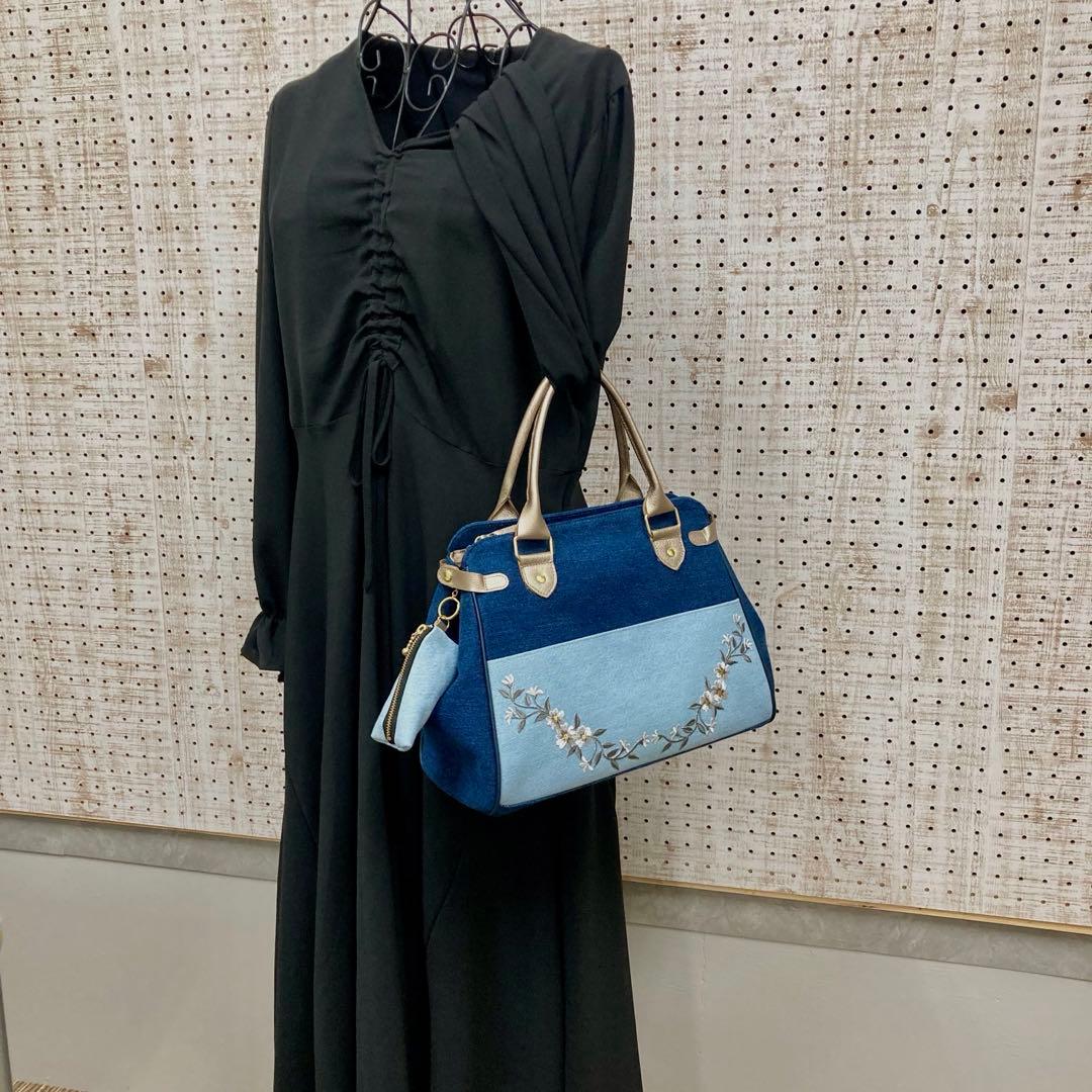 デニムリメイク　2wayハンドバッグ　刺繍花柄　本革　オーダー専用