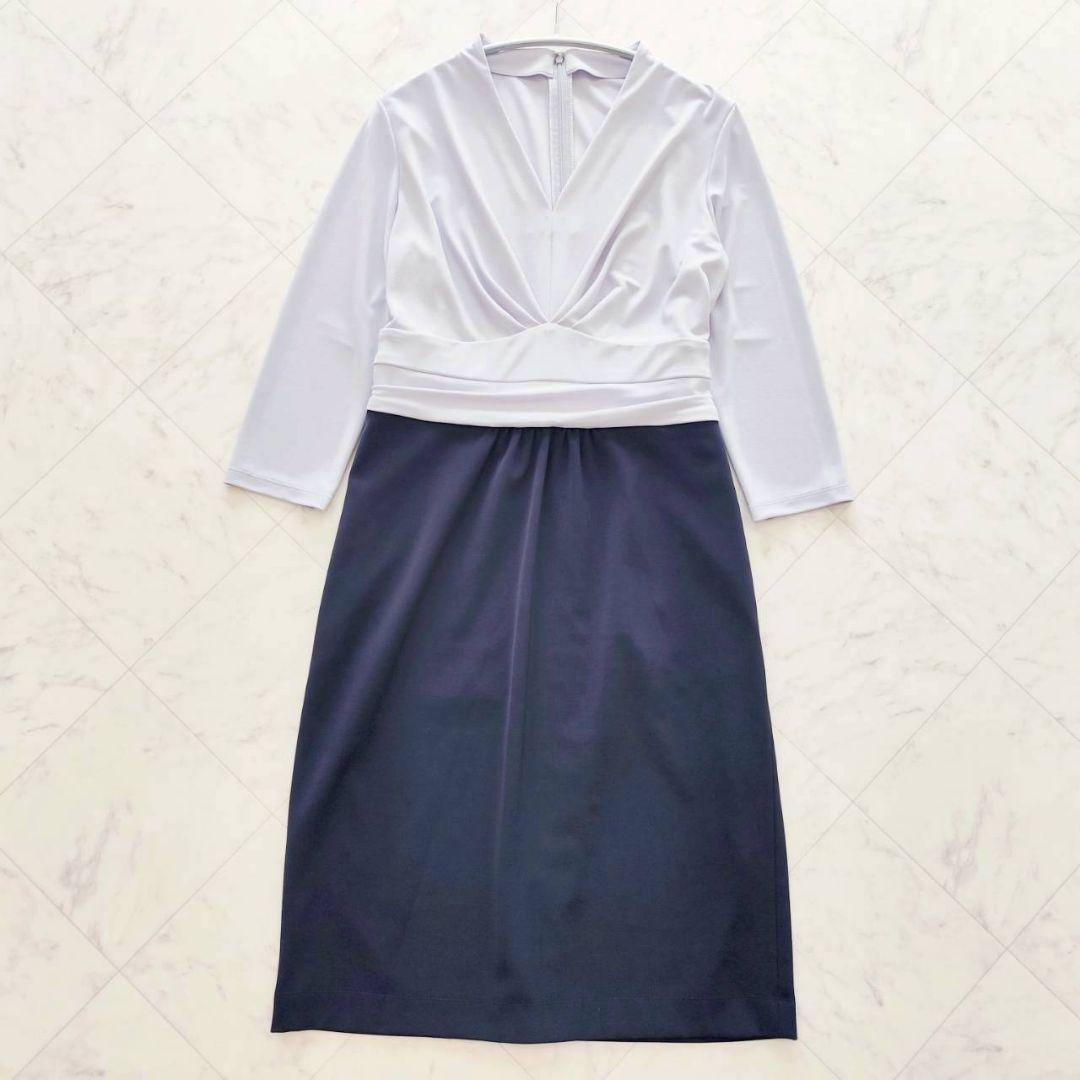 大きいサイズ13 kay me 洗える 切替 シェル ワンピース 紺 ラベンダー