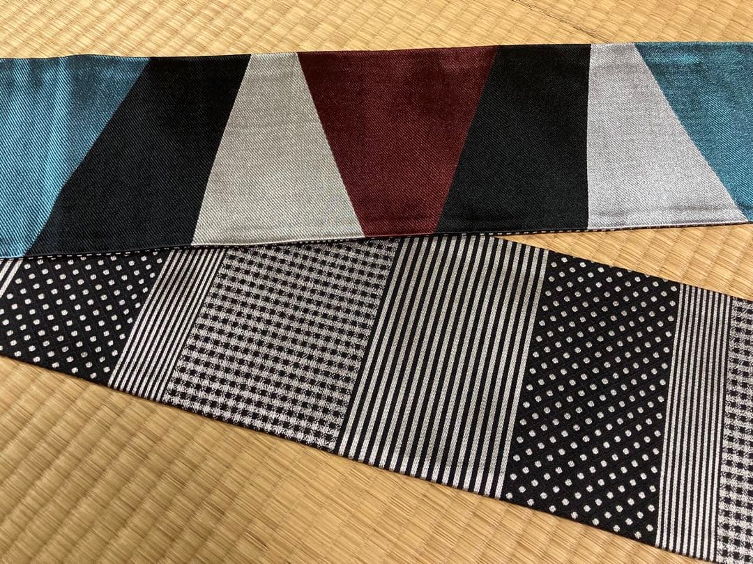 【撫松庵】大柄幾何模様とストライプ・ドット等リバーシブル半幅帯