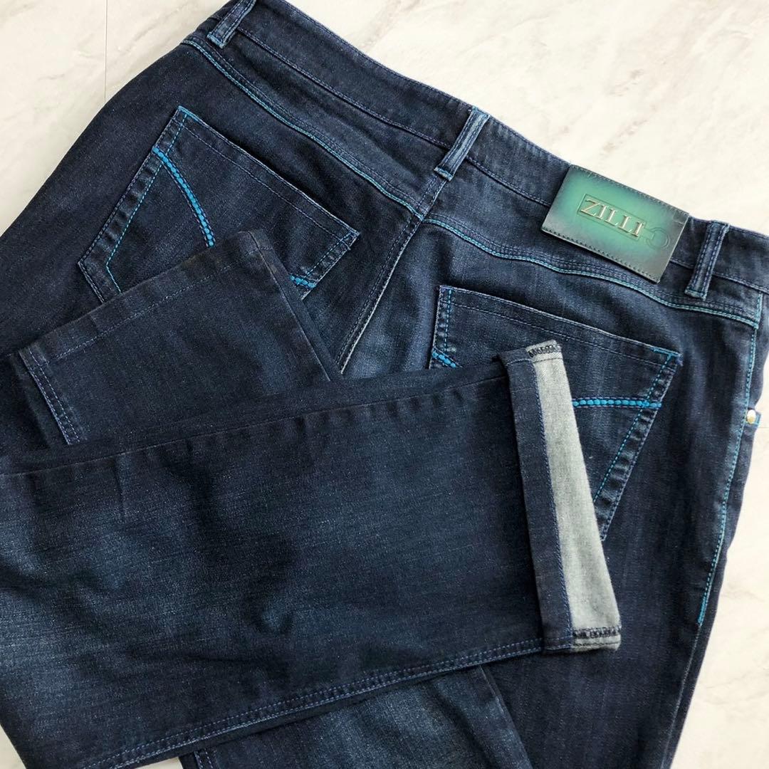 【美品 希少】ZILLI デニム パンツ ストレッチ 濃紺 総柄 レザー 48