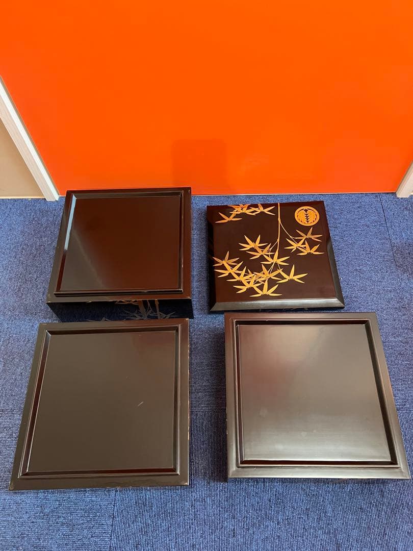 937 黒漆塗り沈金重箱　金蒔絵　竹　3重　高級　美品