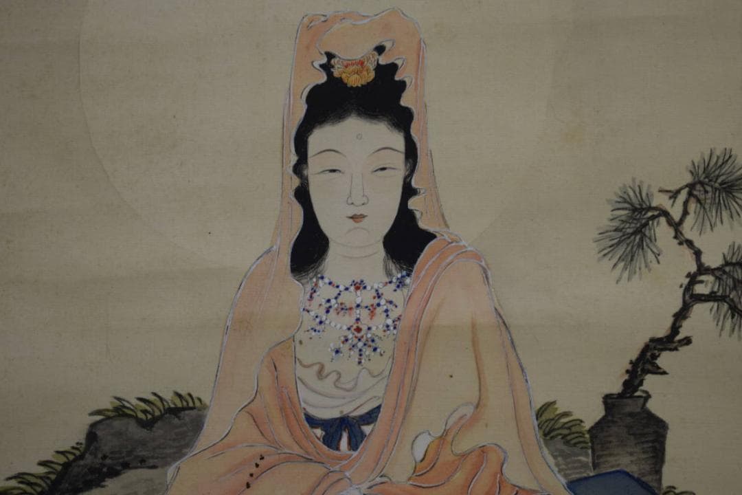 真作/森田竹崖/岩上観音図/般若心経/布袋屋掛軸HF-765