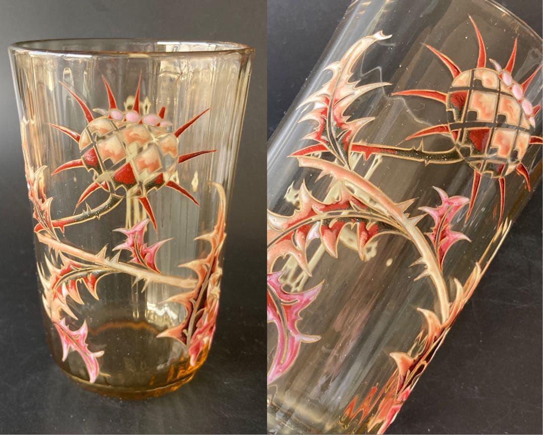 エミール・ガレ　初期　薊とロレーヌ十字文グラス　タンブラー　エナメル彩　アザミ