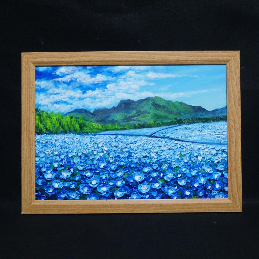 油絵 油彩 油彩画 絵 絵画【くじゅう花公園のネモフィラ畑】