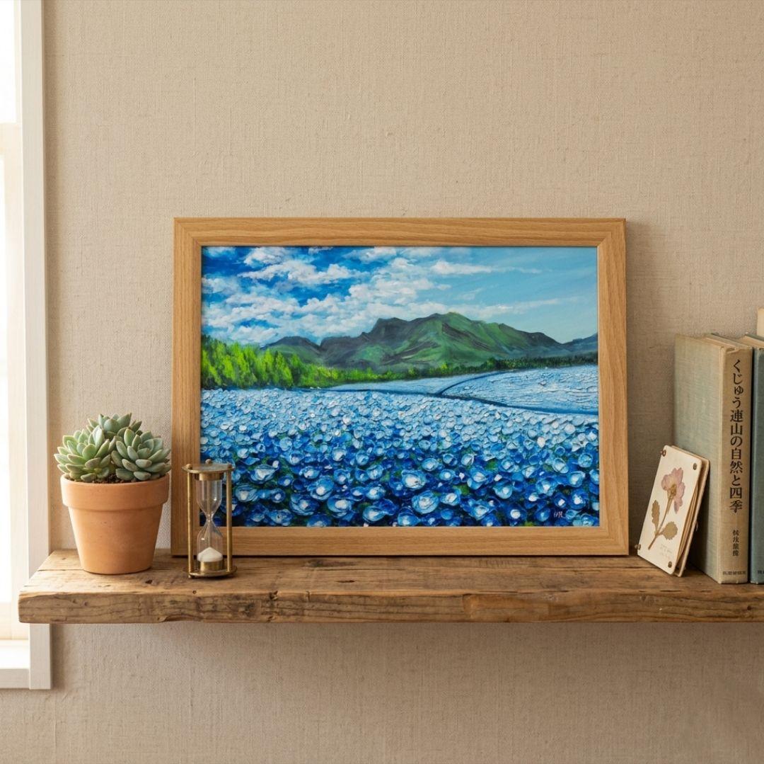 油絵 油彩 油彩画 絵 絵画【くじゅう花公園のネモフィラ畑】