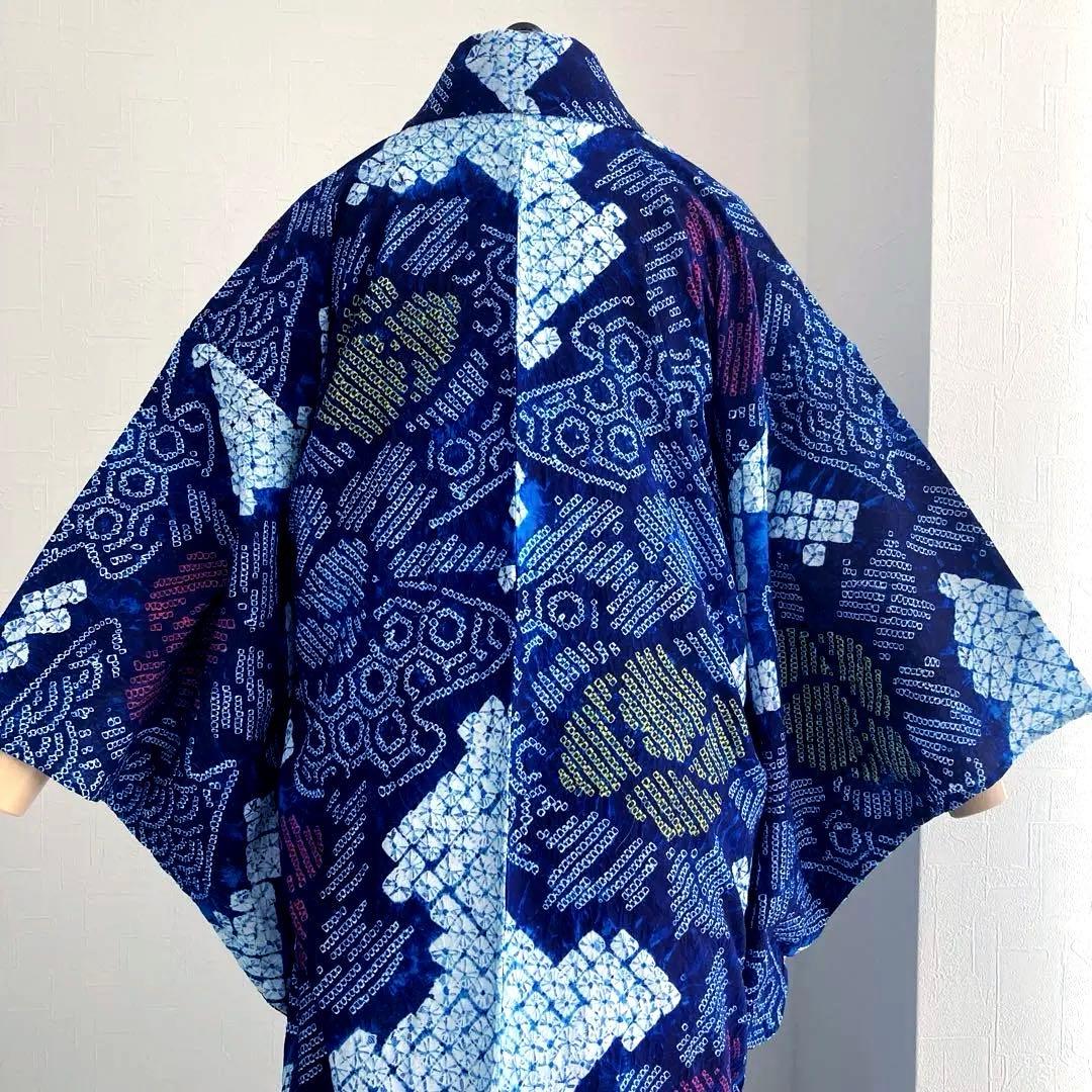 有松鳴海絞り・蜘蛛絞り浴衣　未使用しつけ付　手縫い　絞り浴衣　大輪花模様　N85