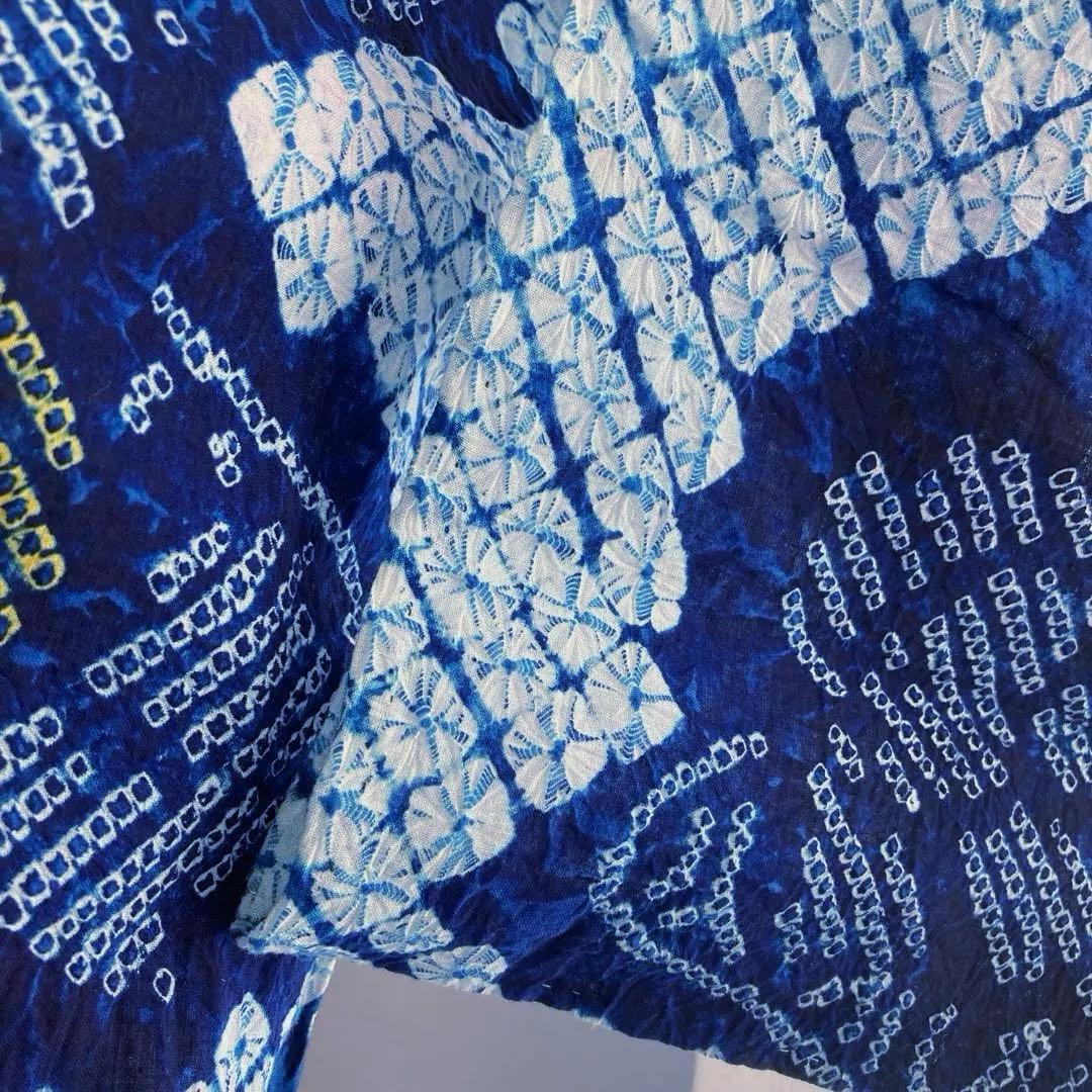 有松鳴海絞り・蜘蛛絞り浴衣　未使用しつけ付　手縫い　絞り浴衣　大輪花模様　N85