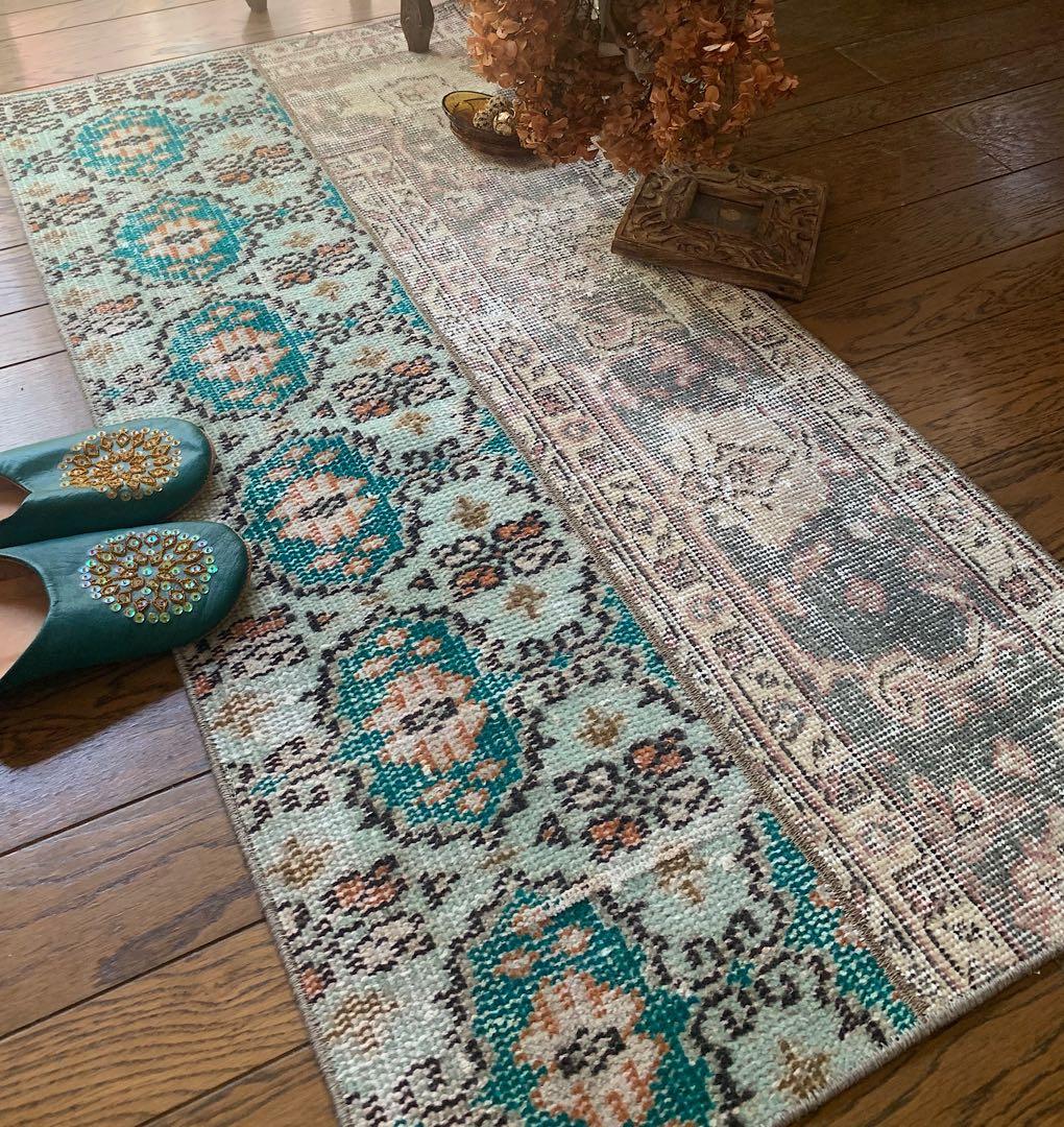 ランナー　モロッカンタイル　120×58パッチワーク　トルコヴィンテージラグ
