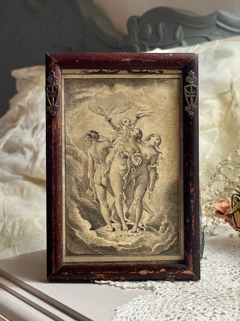 ◆フランスアンティーク｜1700年代名画三美神版画天使エンジェルヴィーナス木製