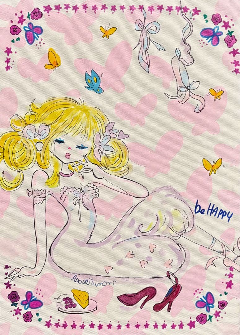 【F4号】手描き油彩画　水森亜土　額縁　未使用額　絵画　サイン　人気作家　女性