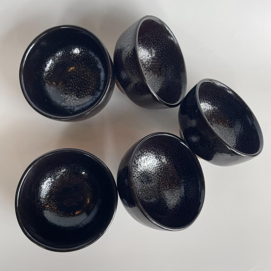 中国博山 油滴天目 雨滴 山東 酒盃 杯 ぐい呑 湯のみ 湯呑 茶道具 ５客揃