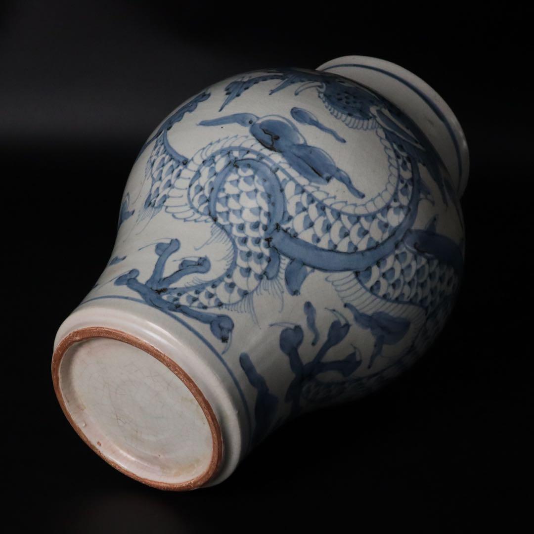 李朝時代 染付雲龍図花入 高：32cm 朝鮮古陶 唐物骨董