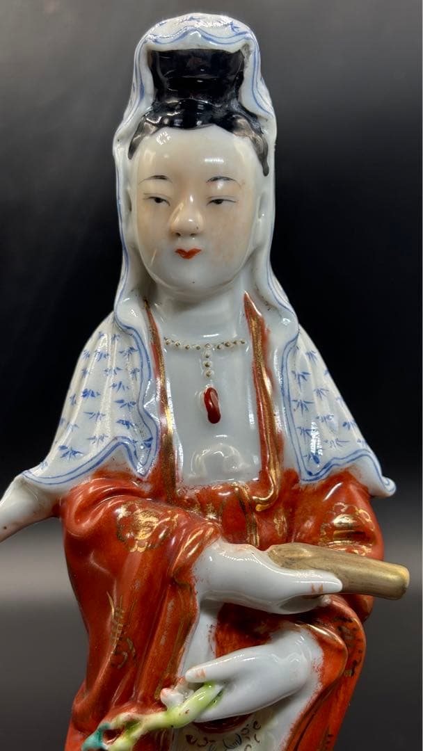 004 中国美術 色絵陶人形 高さ25cm 置物 オブジェ 古董品 觀音像