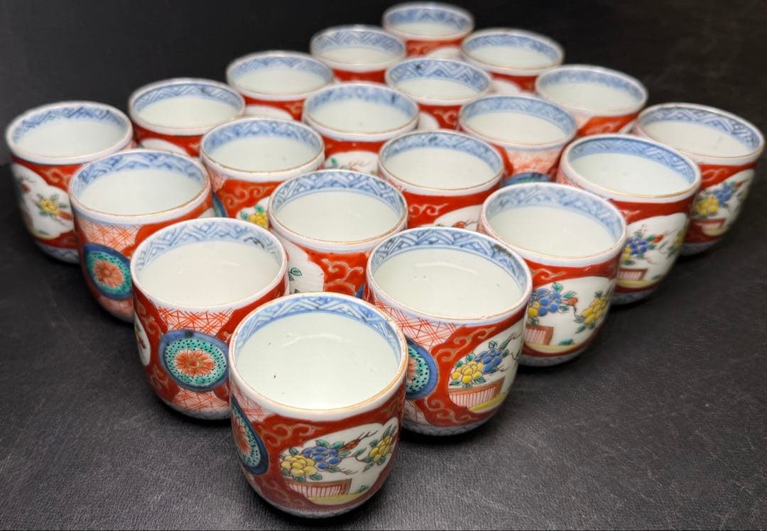 古伊万里 錦手 窓絵草花文 覗 17客 無傷 明治 小猪口 のぞき ぐい呑 煎茶