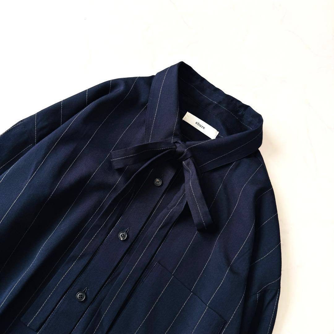 ebure 美品✨ブライトストライプブラウス 取り外しボウタイ ネイビー 38