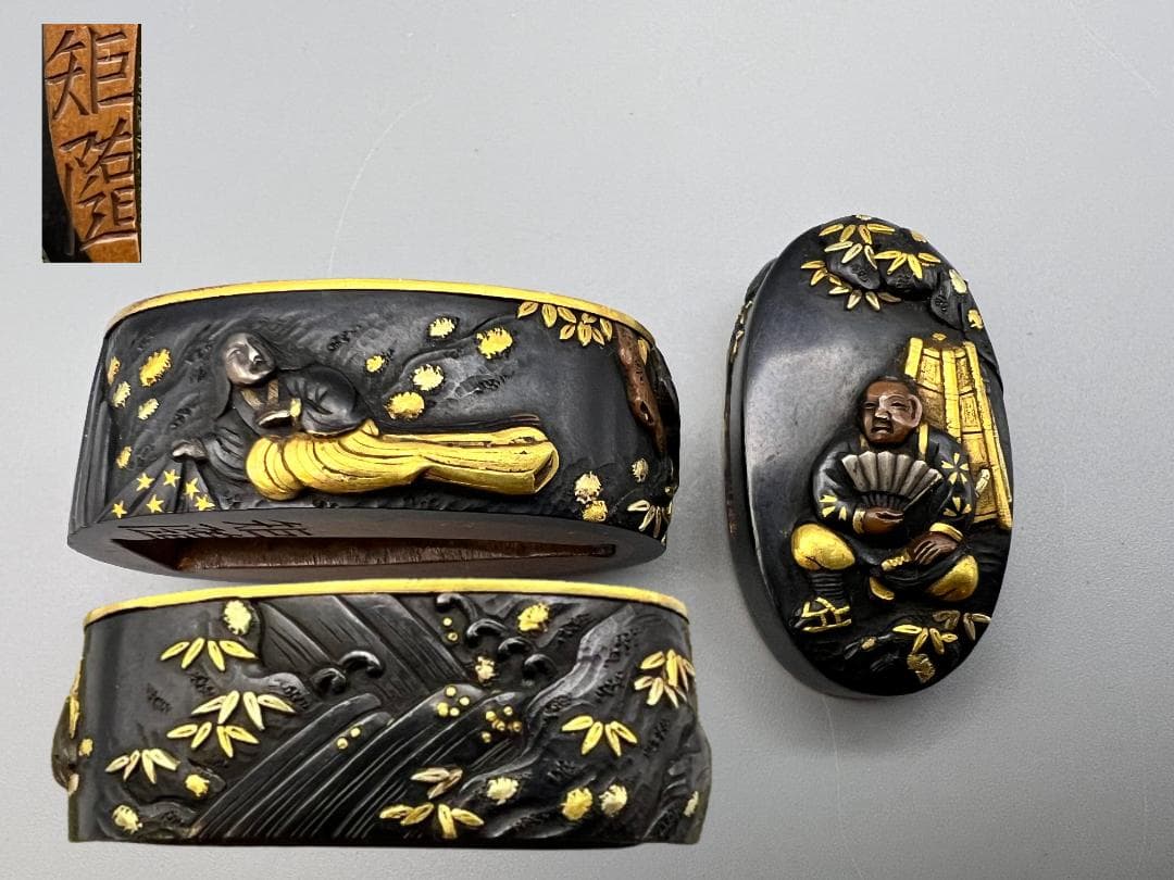 【海】江戸後期屈指名工！浜野矩随！『矩随』在銘 赤銅人物高彫金銀象嵌 縁頭 超絶