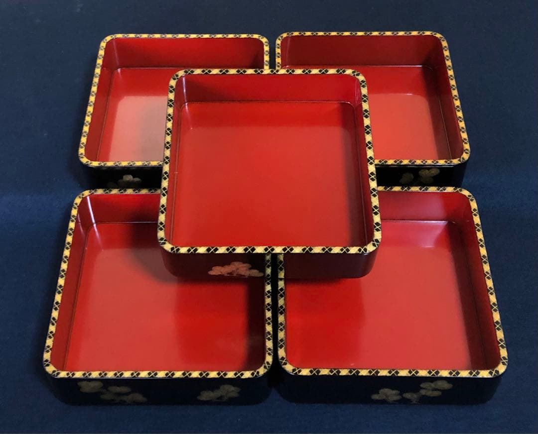 《R》輪島塗 沈金若松舞鶴 五段重 替蓋 台付 山崖松花堂謹製 251222か2