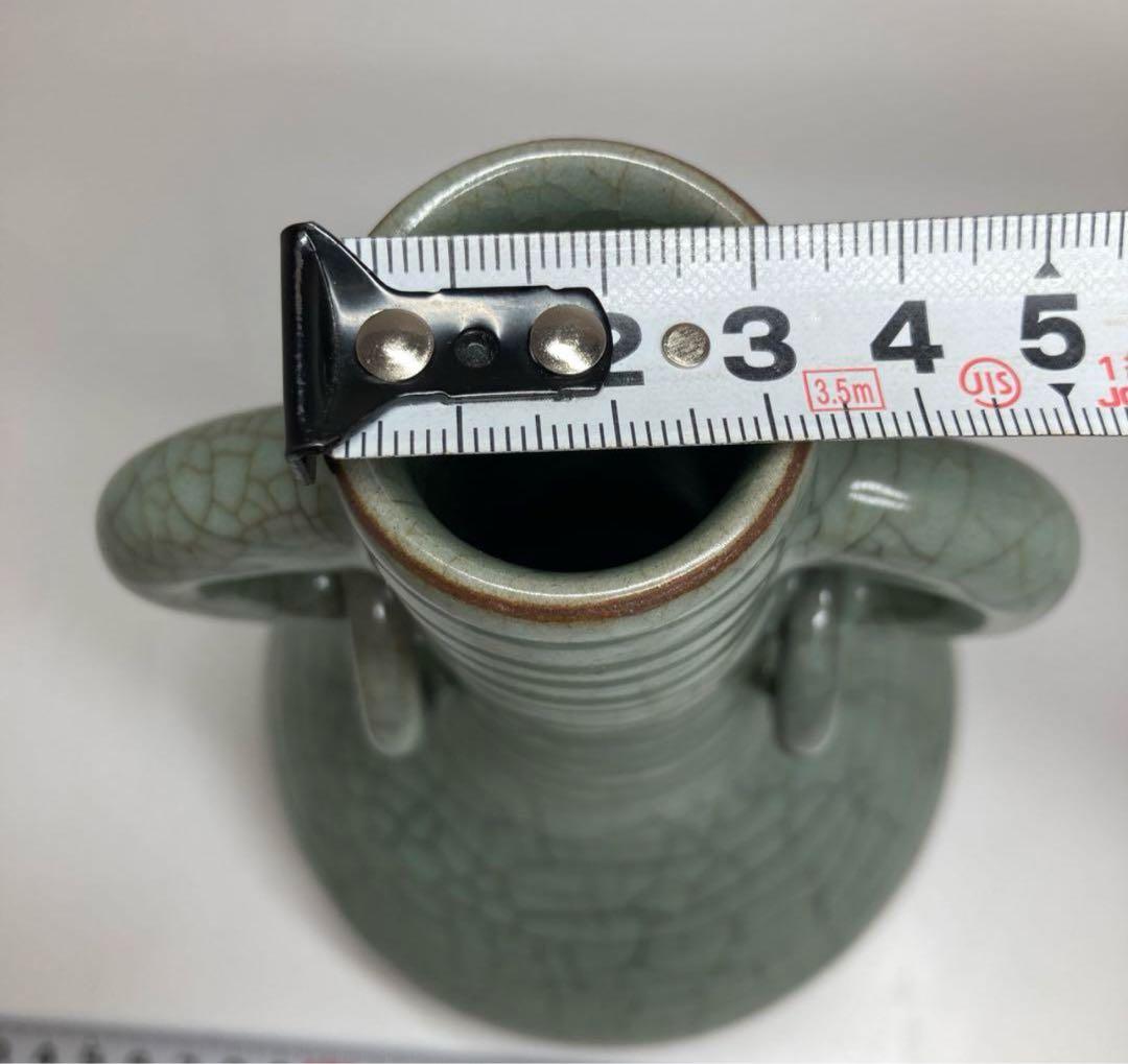 中国古窯哥窯青磁環付花入　口3.5cm 高21.3cm