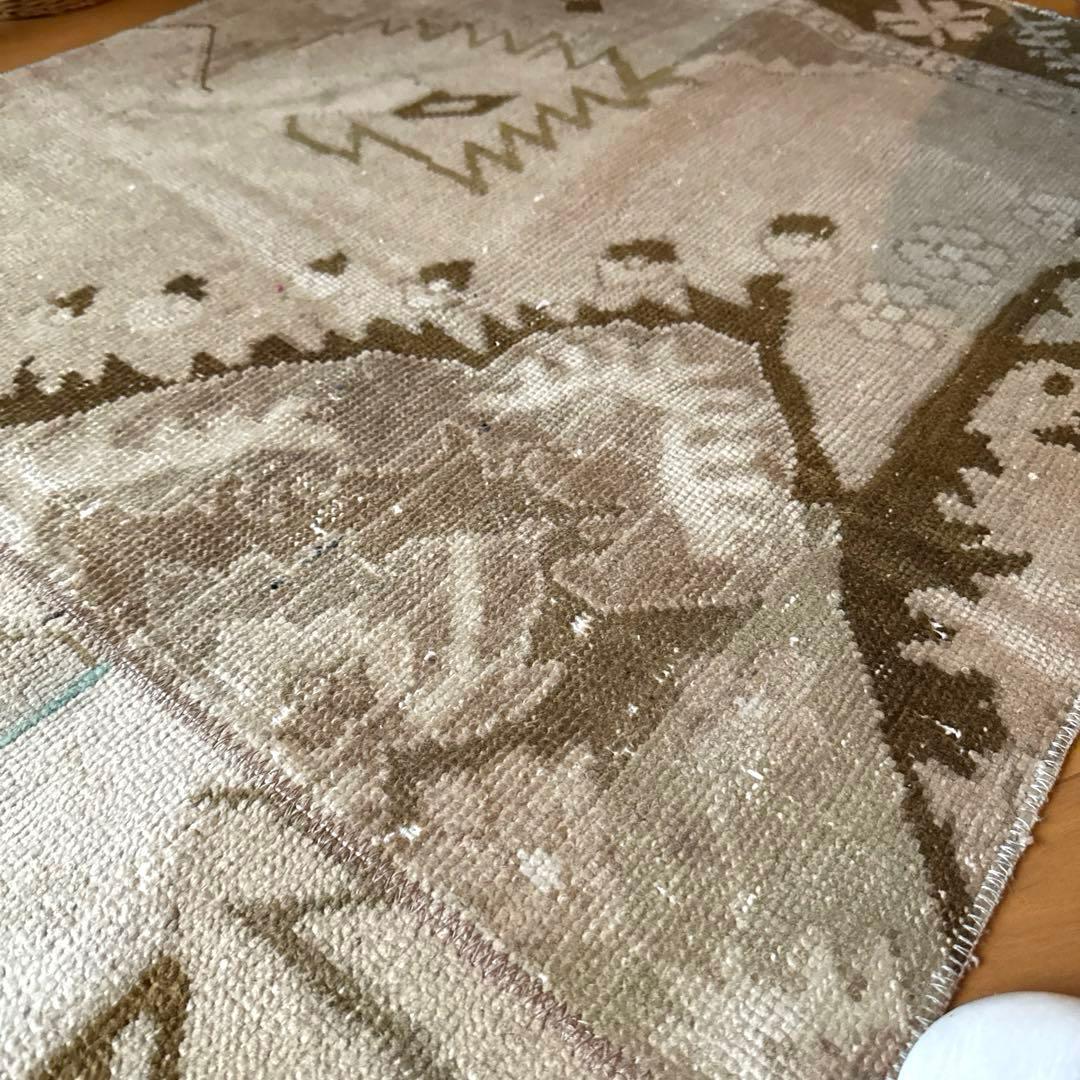 71×124ウール　ベージュ×ブラウン　パッチワーク　トルコヴィンテージラグ
